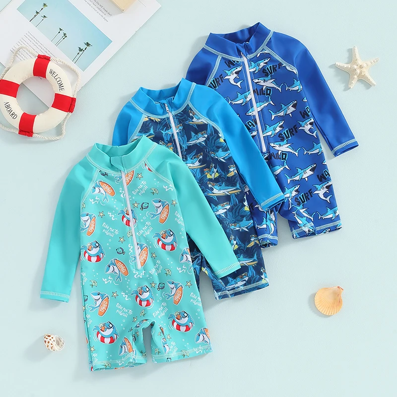 

0-24M Baby Boys Rash Guard Swimsuits Romper Zipper Long Sleeve Shark Print Bathing Suit Toddler Boys Swimwear Beachwear