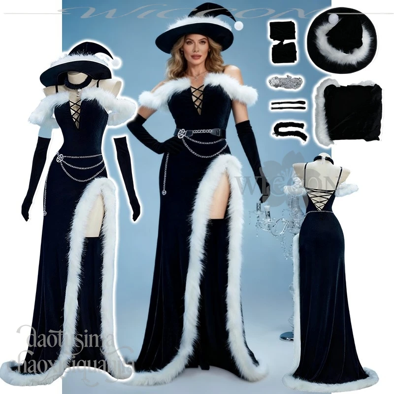 

Сексуальное платье ведьмы в стиле Лолиты Jirai Kei, черное бархатное длинное платье с разрезом в стиле аниме на Хэллоуин, оригинальный дизайн, униформа для косплея для девочек