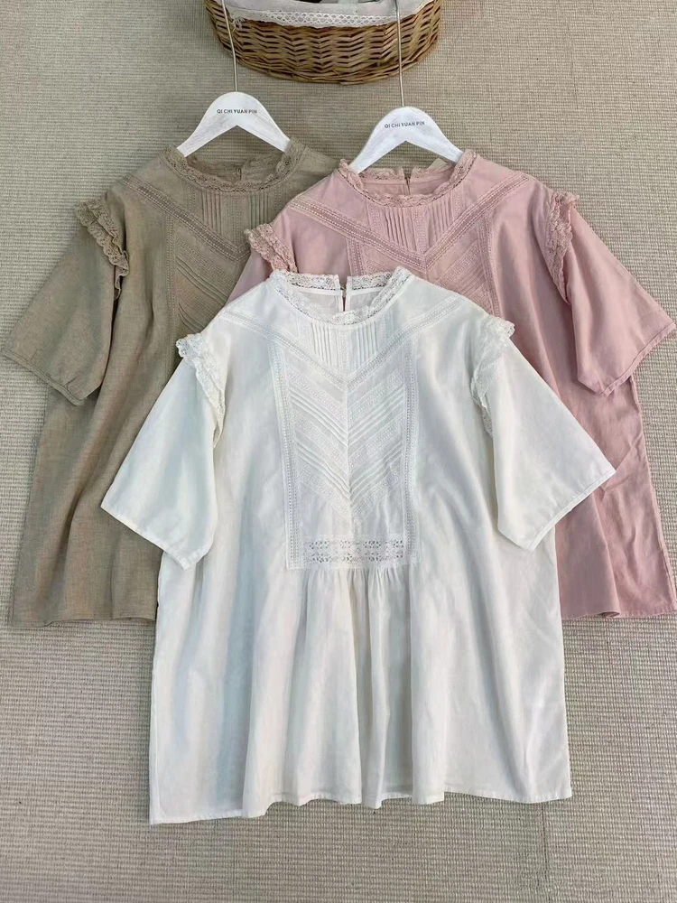 

Original Summer Sweet Japanese Sle Lace Trim Splice ort Sve Loose Agel Pure Color Cotton Linen irt French Sle