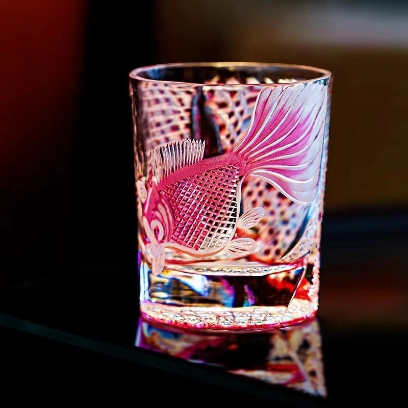 

PINK Crystal Goldfish Edo Kiriko Wine Glass Exquisite Carving Wineglass Whiskey Cup Brandy Snifter Liquor Whisky Rock Dropship