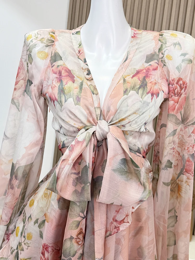 Vestido floral de manga comprida com decote em v feminino, vestido vintage Midi, Boho Frocks, estético, vestido de noite de peça única, dinheiro velho, quente, outono