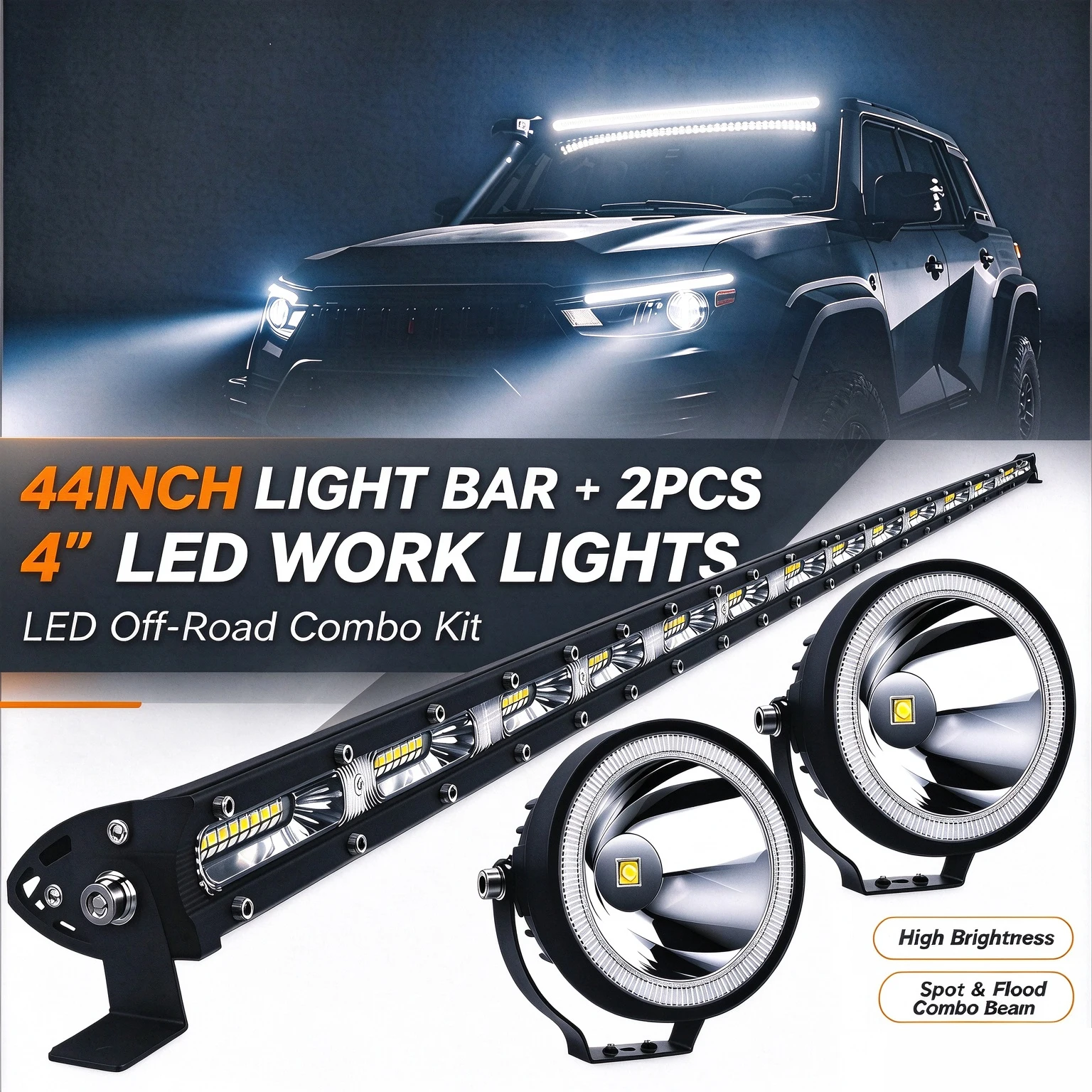 42Inch LED Light Bar + 2Pcs 4 Inch Round LED Work Light Combo Kit Spot Flood Combo Beam Waterproof Offroad Driving Lamp for Jeep Truck ATV UTV SUV Boat 12V 24V