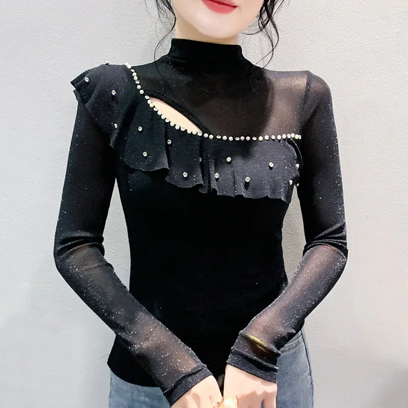 

Elegant Slim Hollow Out Ruffles Long Sleeved Cotton T-Shirt Clothes Autumn Winter Turtleneck Irregular Women's Tops