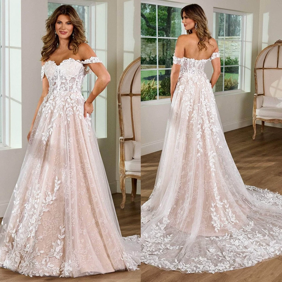 Delicate Lace Country Wedding Dresses Cream Lining Off The Shoulder Court Train A-Line Boho Bridal Gowns Sweetheart neck