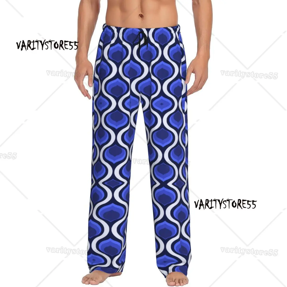 

Мужские пижамные штаны из ткани Orla Kiely на заказ, сине-белые пижамные штаны с геометрическим цветочным принтом для сна, одежда для сна на шнурке, низ с карманами