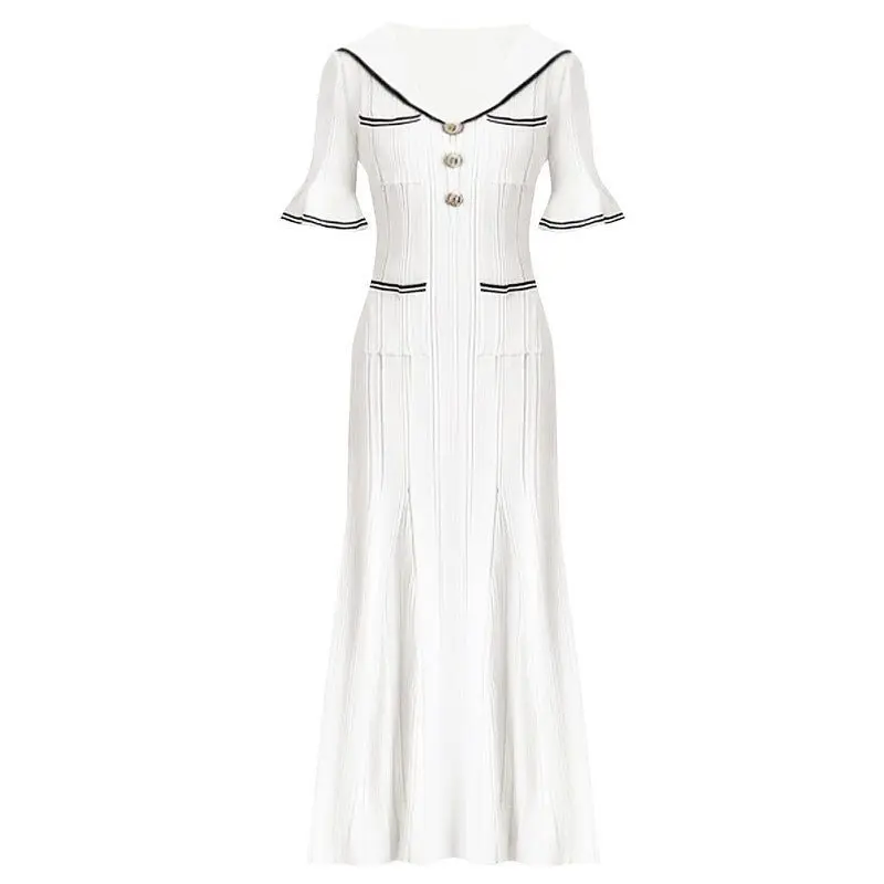 

High Quality Fashionable Knitted Short Sleeve Slim Fit Dress for Women Spring Summer New Style Quality Elegant Turn-down Collar