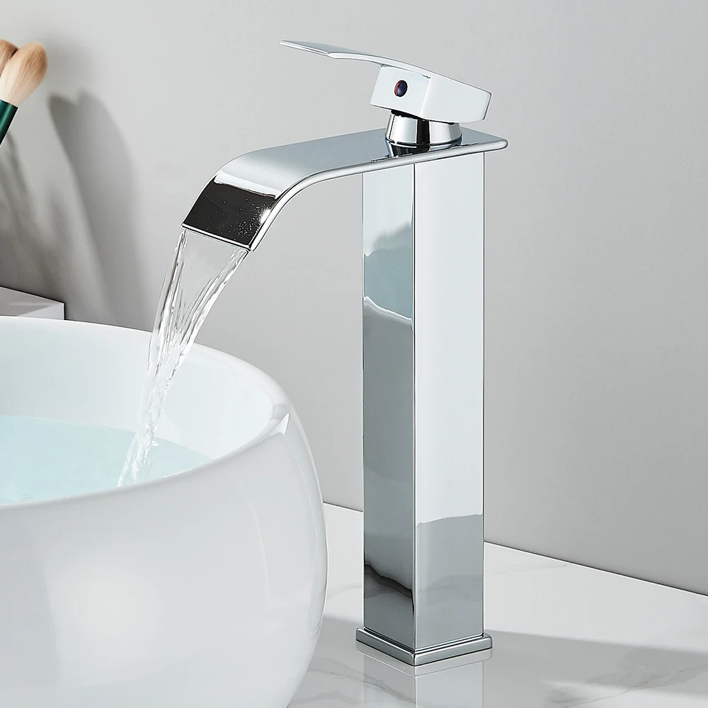 

Grifo de lavabo negro mate, Montado en la cubierta, monomando, brazo de baño, cascada, grifo de baño de latón para agua caliente