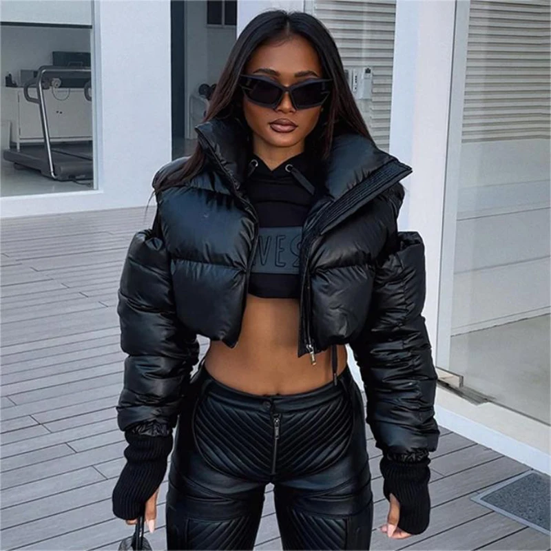 

Streetwear Hollow Out Short Parka Women Y2K Winter Thick Turtleneck Splicing Long Sleeve Black Down Coat Fashion Zipper Jackets