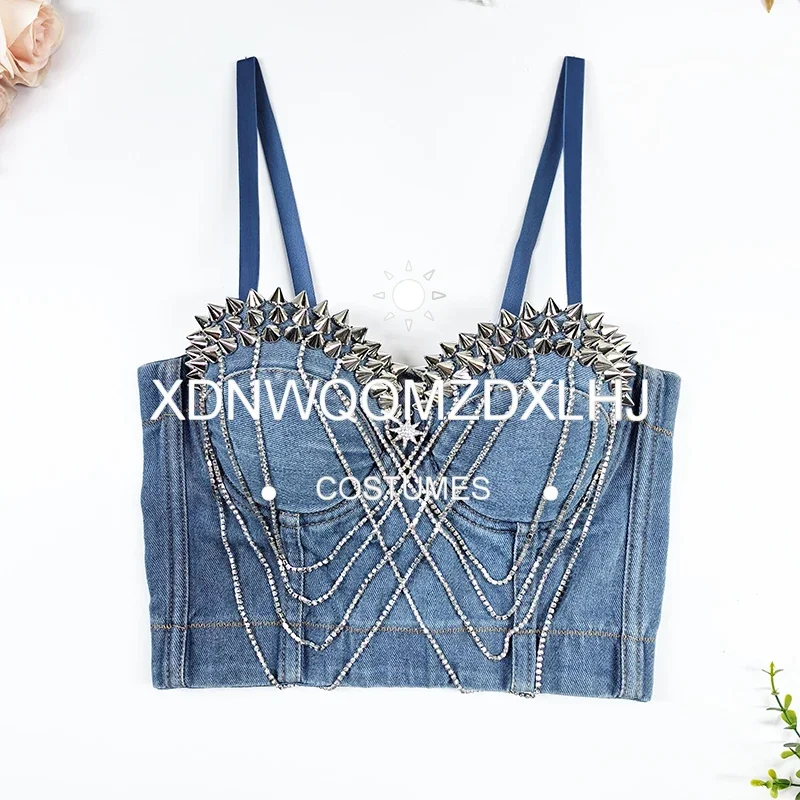 Rocker Street Style Denim Fishbone Straps Sexy Bra with Tassel Rivet Backless Cup Underwire Push Up Bras Hook-and-eye Buckles