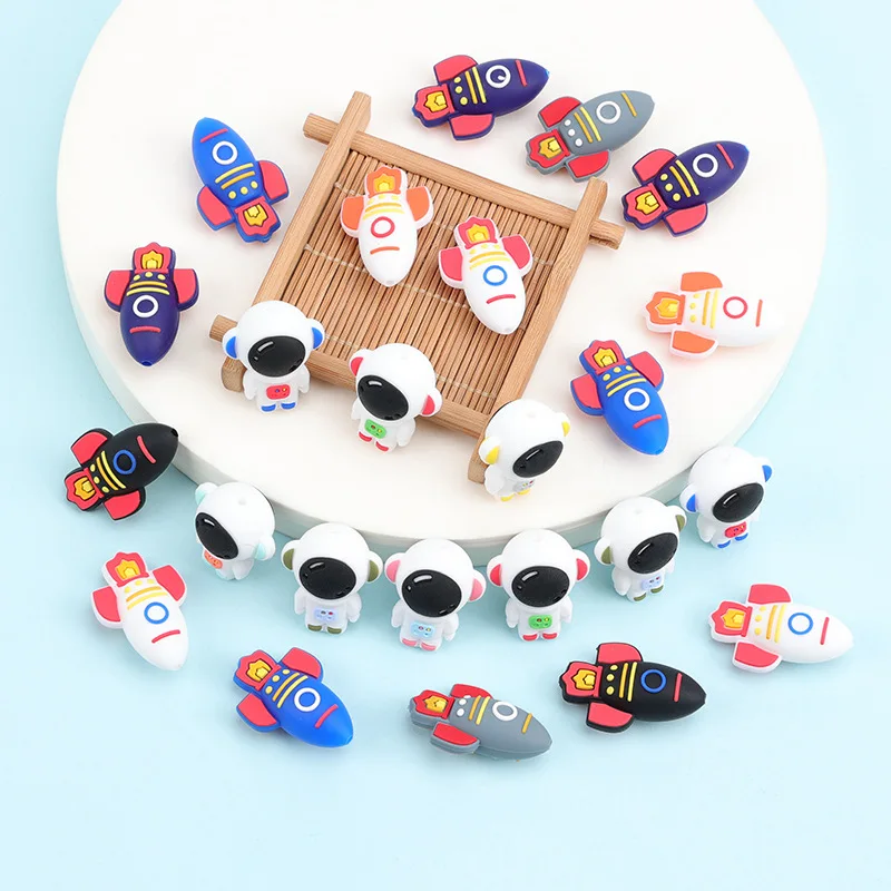 

10pcs Cartoon Silicone Beads Astronaut Rocket Baby Beads Food Grade Focal Teether Bead DIY Pacifier Chain Accessories Baby Toy