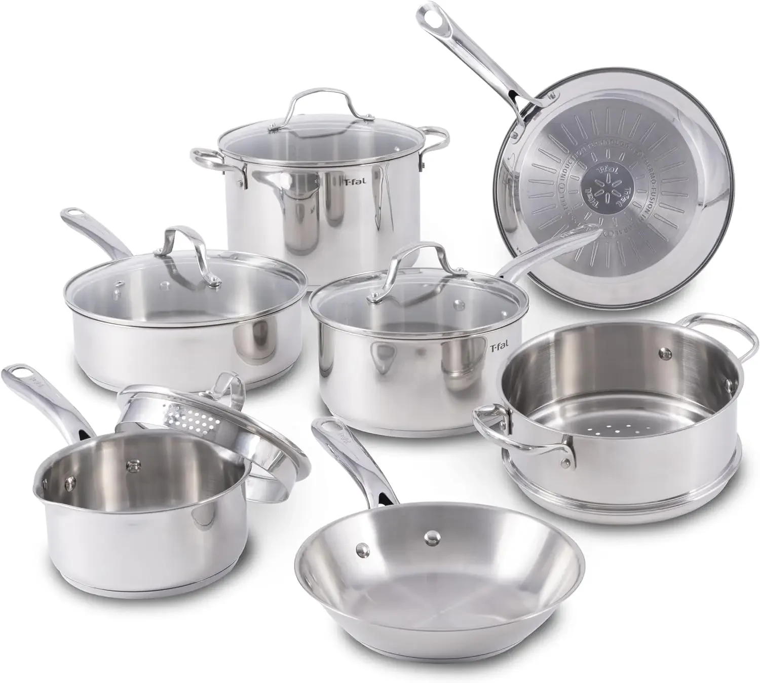 T-fal Stainless Steel Cookware Set 11 Piece, Induction, Oven Broiler Safe 500F, Kitchen Cooking Set w/ Fry Pans,Saucepans, Saute