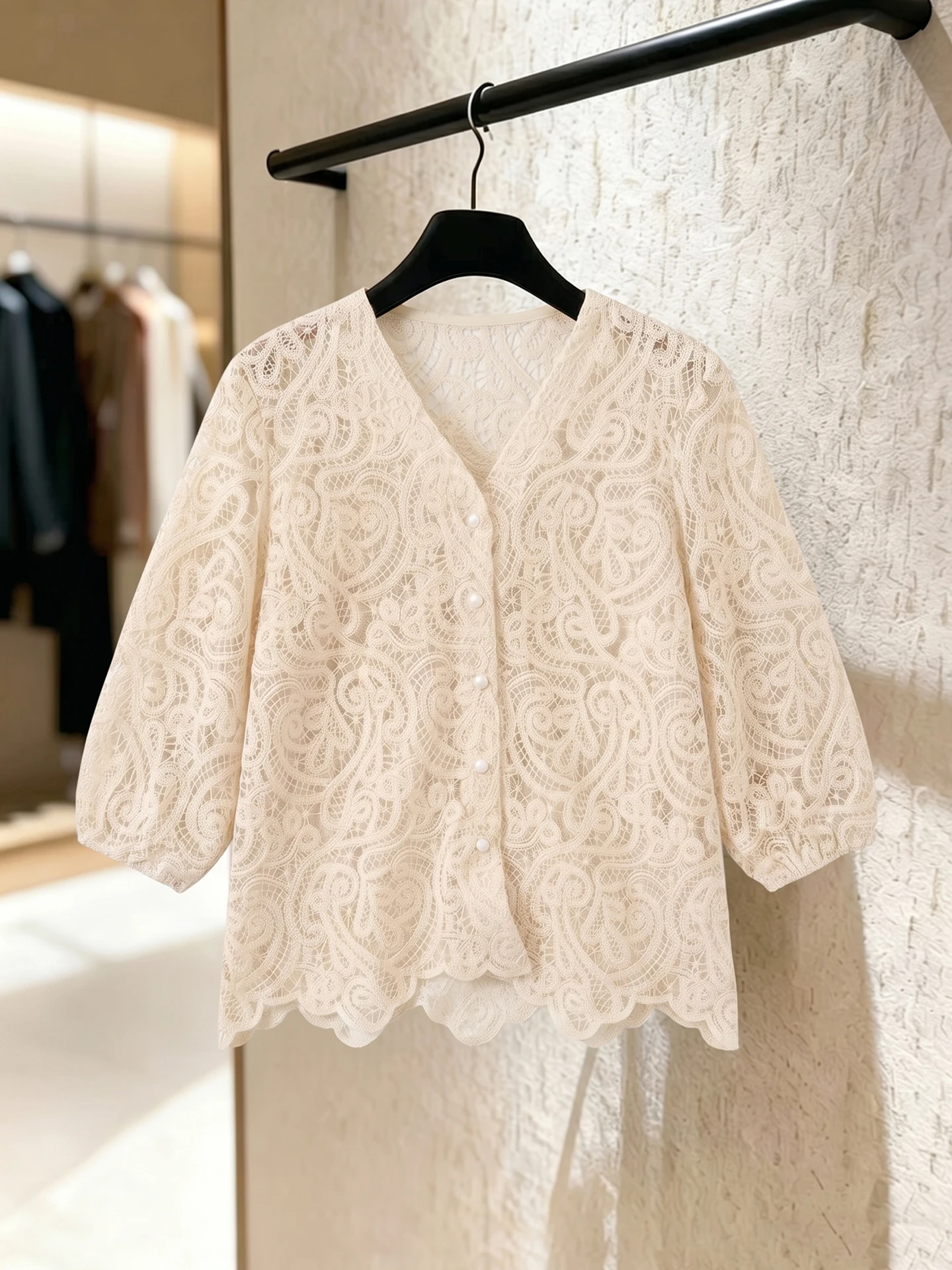 Lace Shirt Women's V-neck Single Button Lazy Style Design Summer 2026 Fashion Unique Special Silk Top Korean Version Straight...