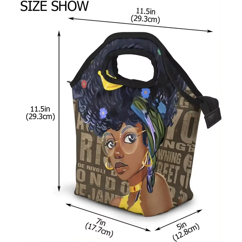 African American Women Lunch Bag Black Girl Handbag Lunch Kit Insulated Cooler Box for Travel Picnic Work School Reusable