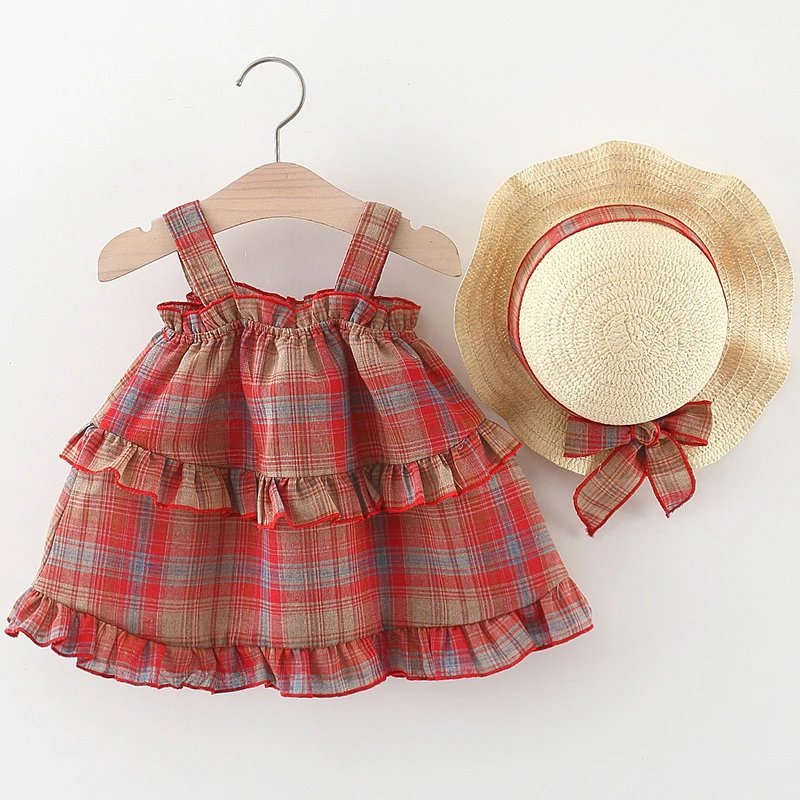 

2Piece Set Summer Newborn Girls Clothes Korean Cute Plaid Sleeveless Cotton Tiered Princess Baby Dresses+Sunhat Kids Dress BC878