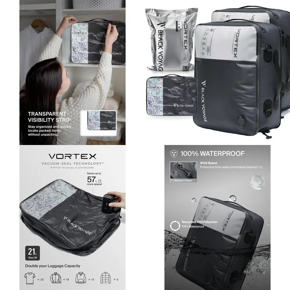 

Renewable 21L Vacuum Compression Bags, Waterproof, Space-Saving Travel Set for Luggage and Backpacks (2-Pack, No Pump)