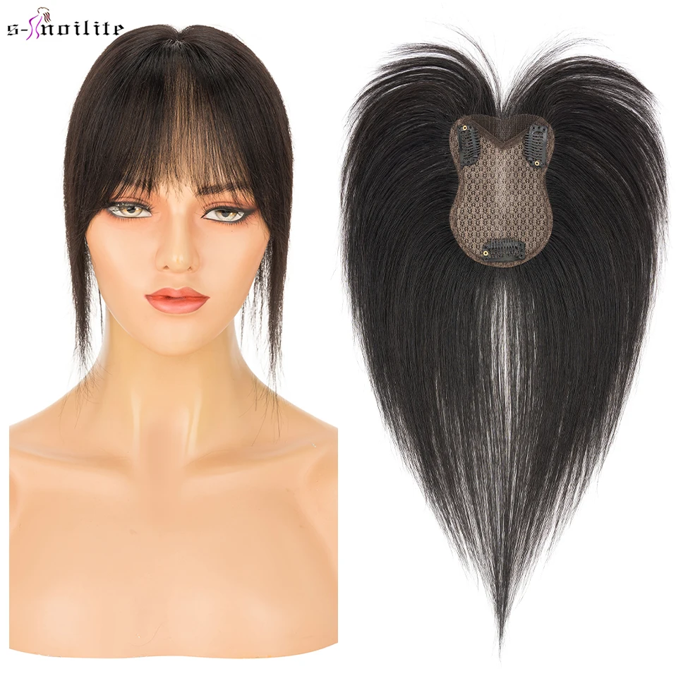 

S-noilite Human Hair Toppers 8x11cm Women Topper Natural Hair Wigs With Bangs Hand-woven Single Knot Center Part Lace Hairpiece