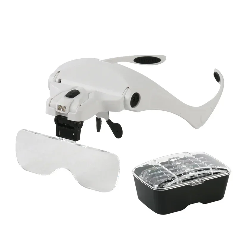 

White Glasses Magnifiying Glass Eyeglasses Bracket Wearable Headband Magnifier With LED Light 1x 1.5x 2.0x 2.5x 3.5x Optics Lens