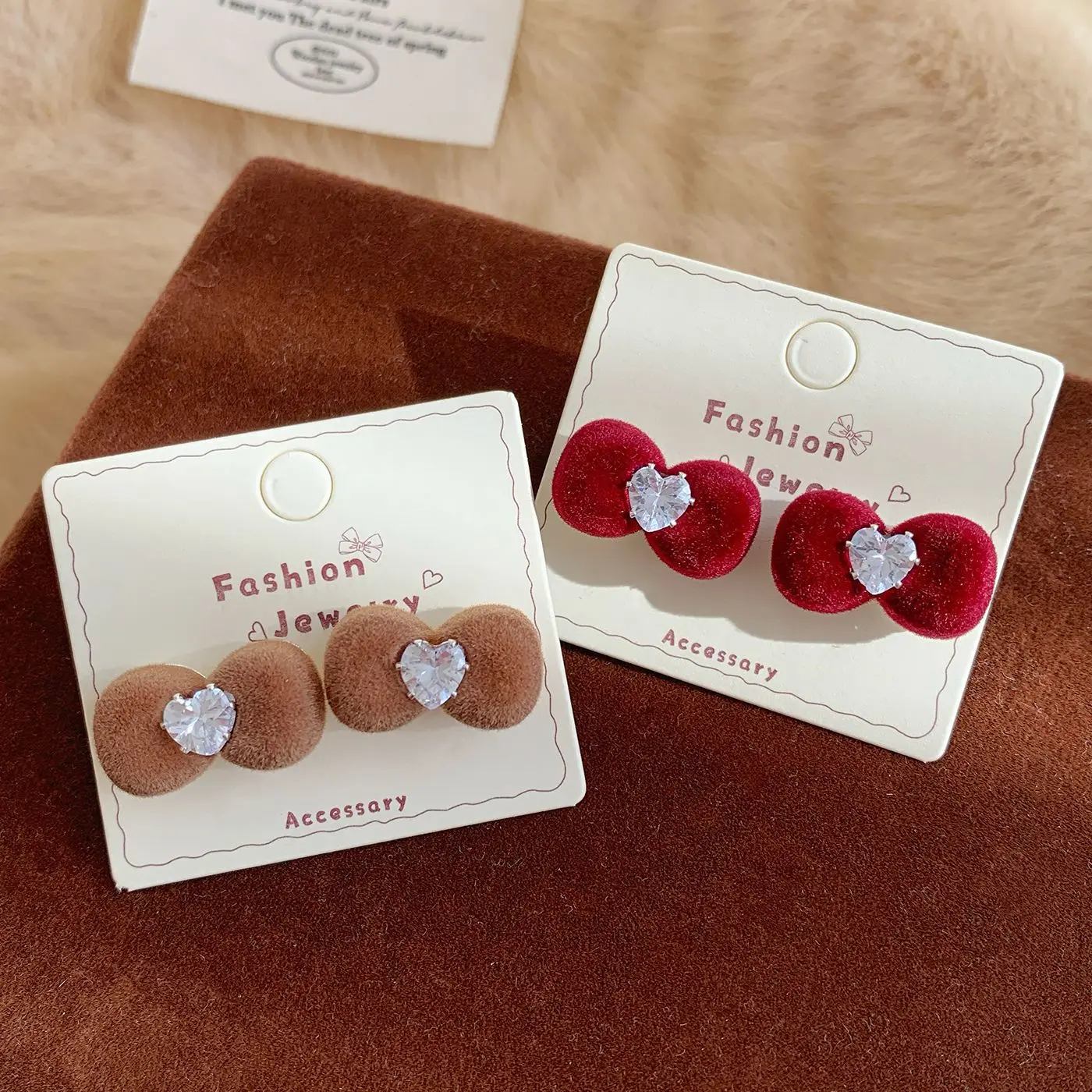 New Flocking Love Bow Stud Earrings Women's Silver Needle Sweet Light Luxury High Temperament Versatile Red Earrings