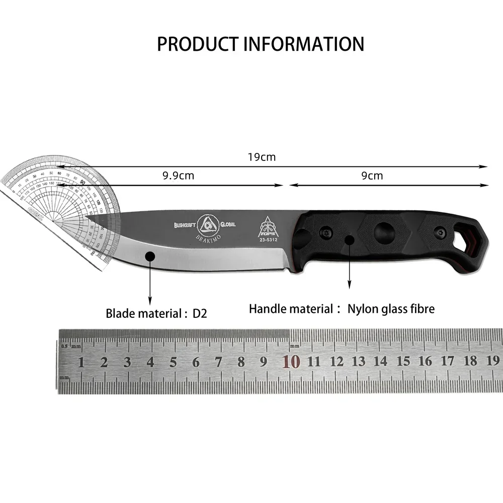 TOPS Brakimo Outdoor Straight knife, nylon fiberglass handle D2 Handle camping Survival Tactics Hunting self-defense knife