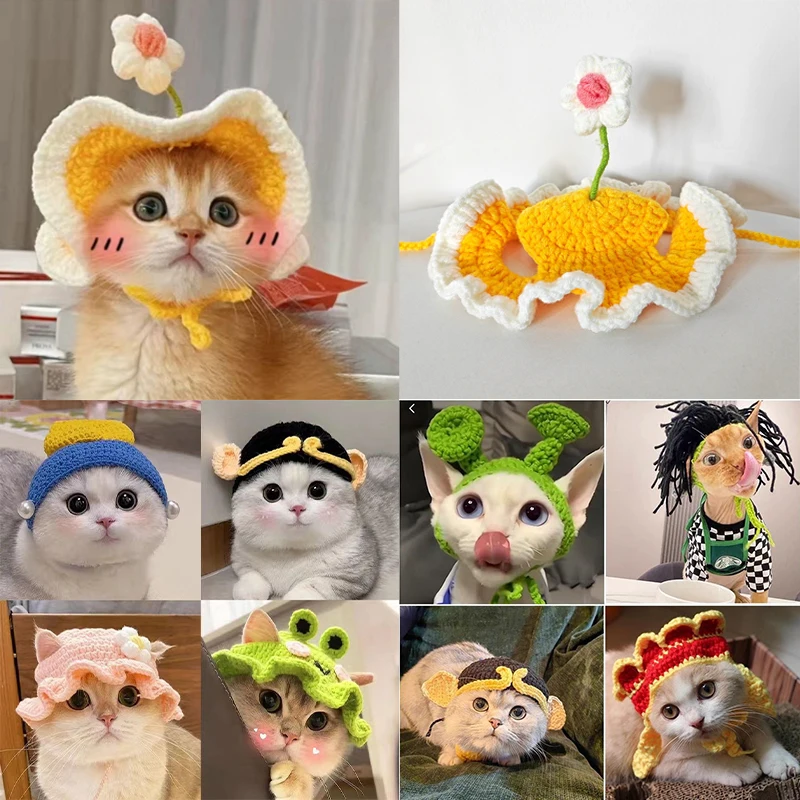 

Kawaii Hand-Crocheted Frog Pet Hat Funny Headwear Knitted Elastic Cat Dog Cosplay Hat with Delicate Hemming Pendant Party Decor