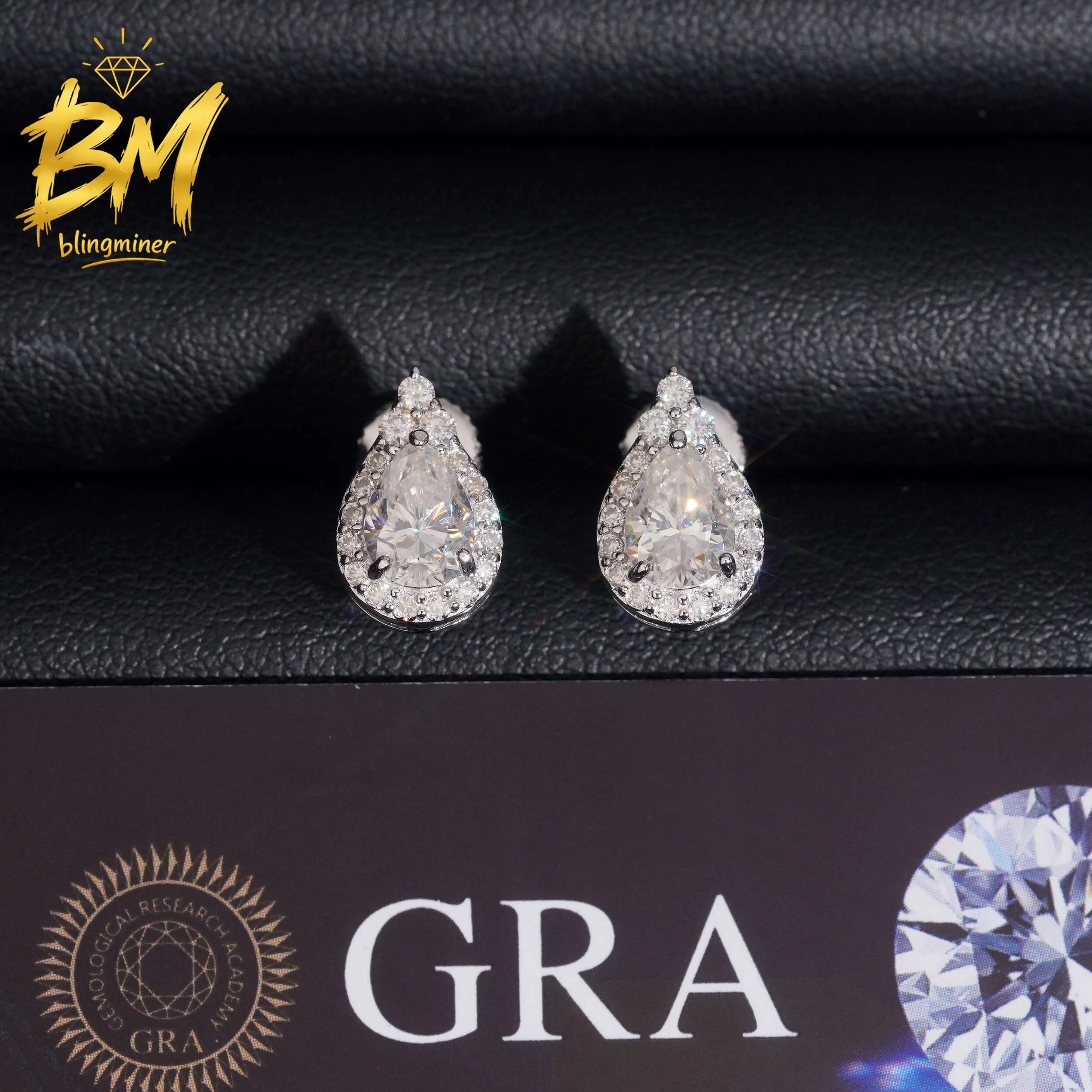 Blingminer Pear Cut Halo Design VVS Moissanite Earrings For Men Women S925 Silver Ear Studs Jewelry Pass Diamonds Tester GRA