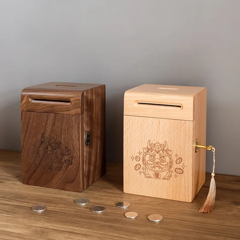 

2026 Walnut Wood Money Boxes Children Closed Piggy Bank Home Decor Storage Box with Lock Children's Room Decorative Ornaments