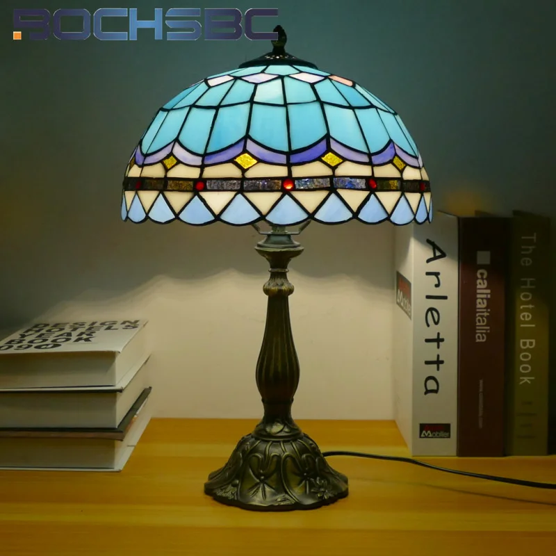 BOCHSBC Tiffany style stained glass Mediterranean retro table lamp for hotel bedroom bedside desk lamp restaurant LED decor