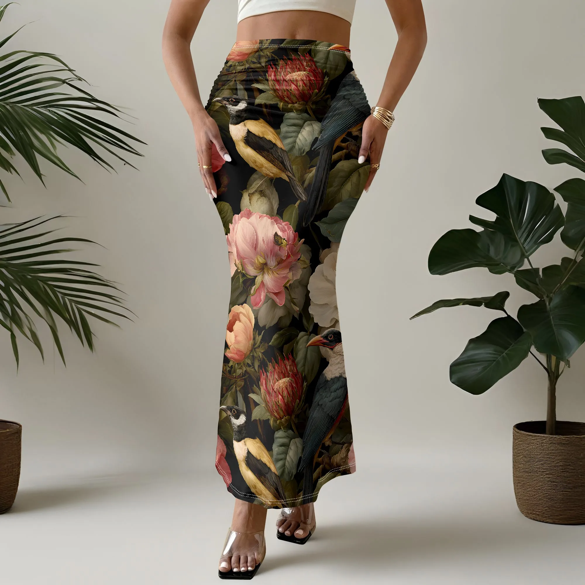 Vintage Bird & Flower Print Mermaid Skirt, Floral Maxi Skirt, Boho High Waist Skirt, Summer Beachwear for Women, S-2XL