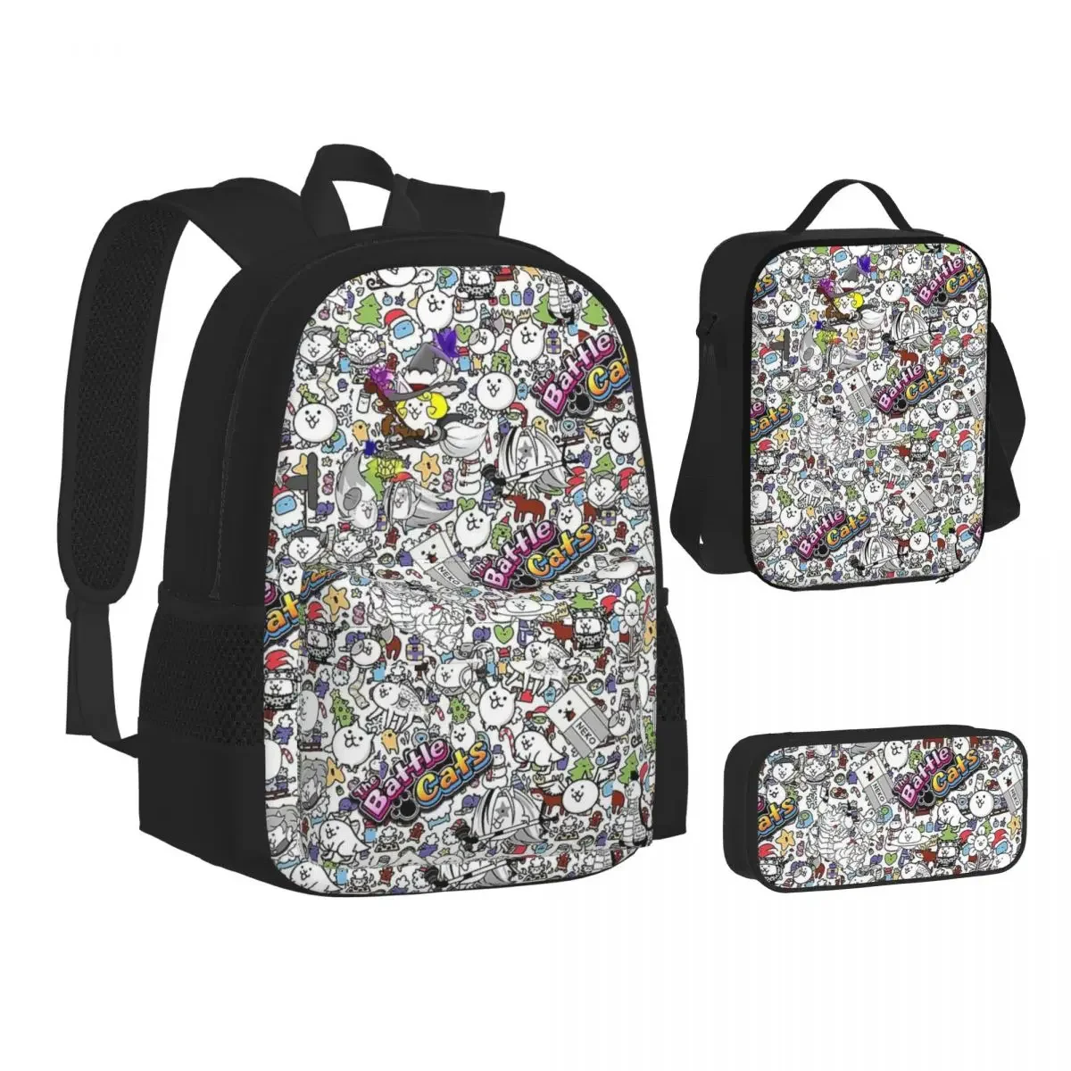 Zaini Battle Cats Ragazzi Ragazze Bookbag Borse da scuola per bambini Cartone animato Zaino per bambini Borsa per il pranzo Borsa per penne Set di tre pezzi