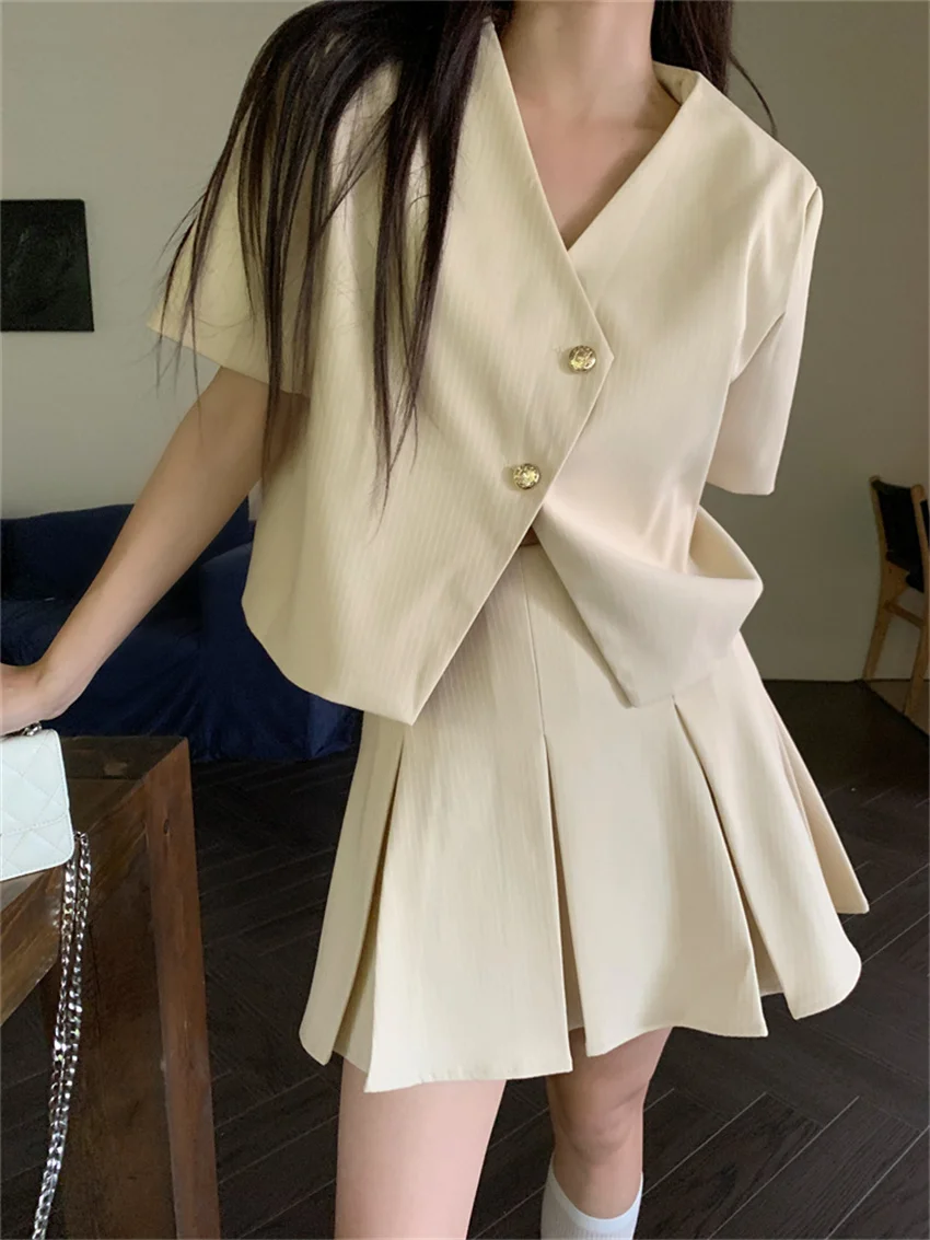 

Alien Kitty Apricot Elegant Women Two Pieces Suits V-Neck Slim Solid Blazers 2023 Mini Pleated Skirts Sets Summer Office Lady