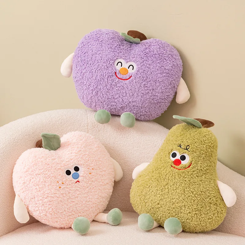 

Curled Plush Fruit Pillow Expression Sad Peach Plush Pillow Happy Purple Mangosteen Mischievous Pear Cushion as a Gift for Girls