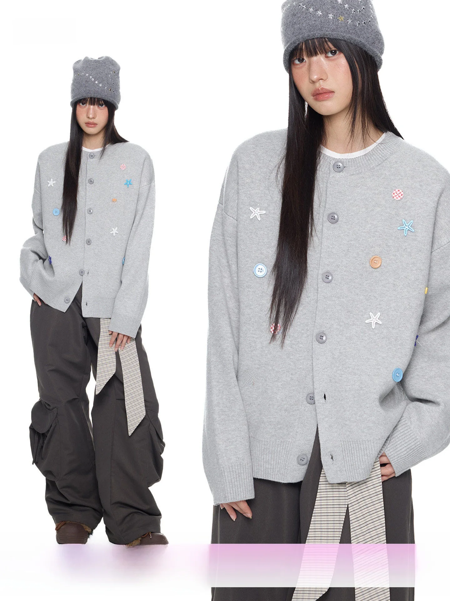 

EZEK Fun Bead Button Knitted Sweater Casual Loose Women's Autumn Winter New Sle Star Pattern round Ne Button up Coat