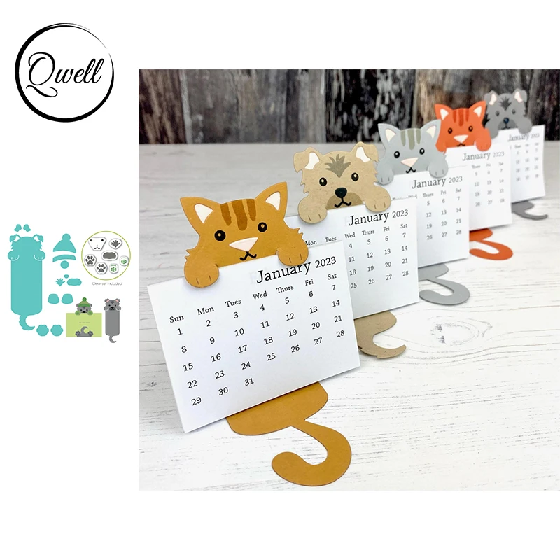 QWELL I'M A HUGGER Critter Dog Cutting Dies and Clear Stamps Set Face Expression for  Mini Calendar Memo Card Holder Supplies