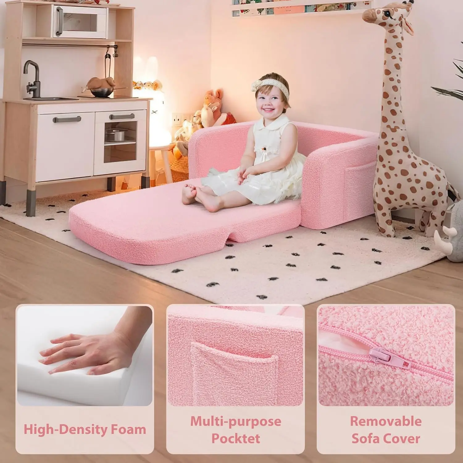 2-in-1 Convertible Kids Sofa with Rainbow Design, Soft Blanket, and Portable Handle for Toddlers