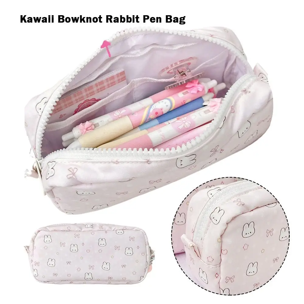 Durable Bowknot Rabbit Pen Bag Soft Touch Multi-functional Pencil Case Stationery Organizer Students Gift
