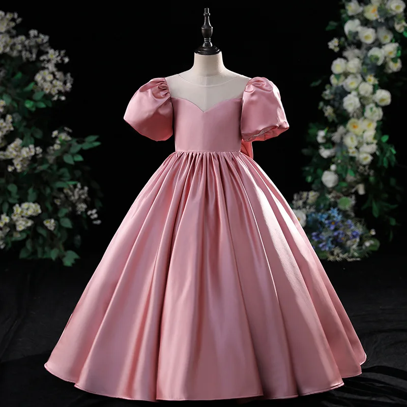 Satin Little Girl Princess Dress Flower Girl Wedding Children's Formal Dress Spring High-end Host Piano Performance Dress