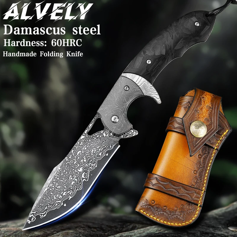 

High-quality Damascus steel pocket knife, men's EDC survival folding knife, with sheath, camping, hunting, and fishing knife