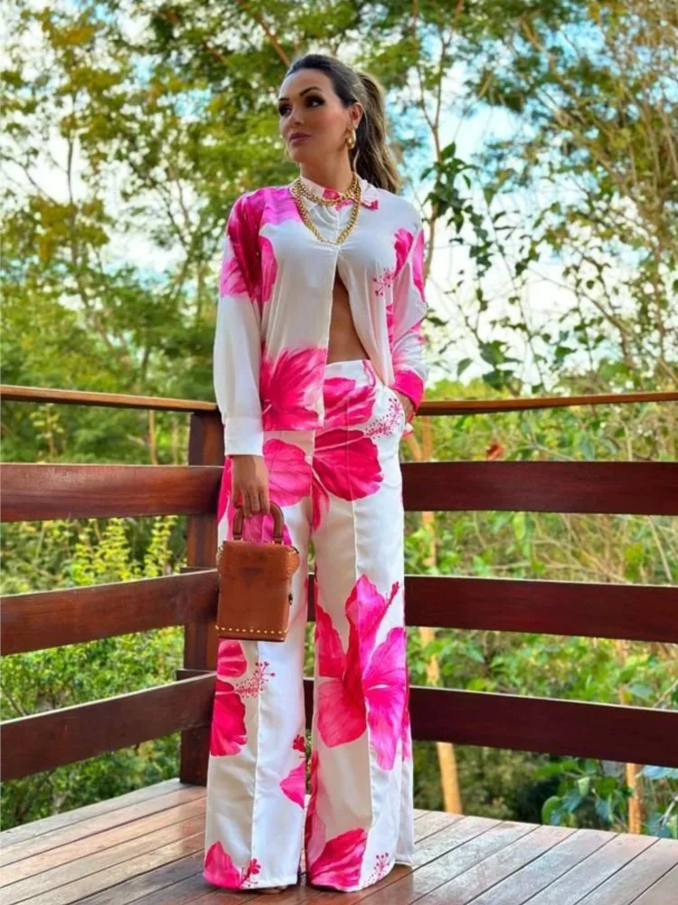 Fashion Long-sleeved Lapel Single-breasted Shirt Top + Wide-leg Pants 2-piece Set Women Autumn Floral Printing Loose Suit Female