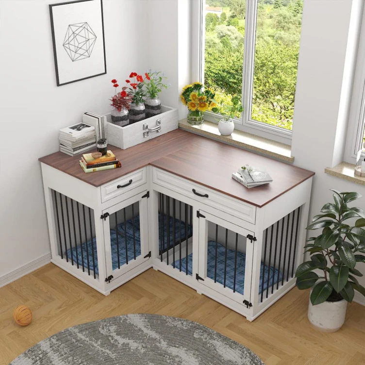 Wholesale Large Corner L-Shape White Wooden Pet Cage Sustainable Indoor TV Stand Furniture for Dogs Iron House for Living Room