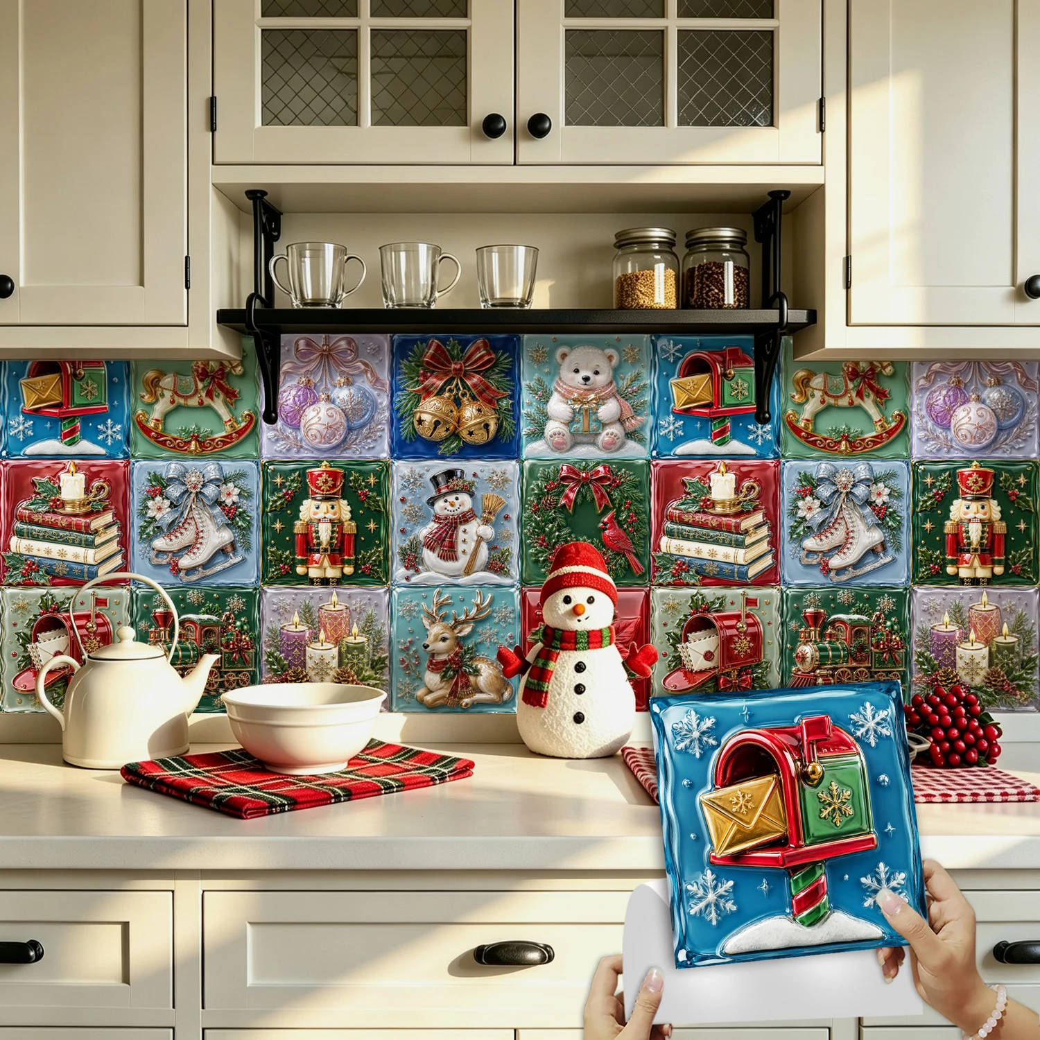 20pcs Christmas Style Tile Wall Sticker Kitchen Backsplash Oil-proof Washbasin Cabinet Peel & Stick Waterproof Art Wall Decals