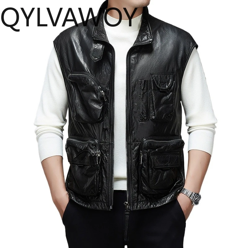 

QYLVAWOY Top Layer Cowhide Leather Jackets Man Motorcycle Jacket Sleeveless Jackets Veste Cuir Homme Jackets for Man Coat Black