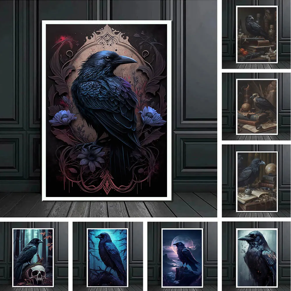 

Gothic Raven Horror Art Poster Print Skull Canvas Painting Wall Art Dreadful Dark Crow Pictures For Living Room Home Decor Gifts