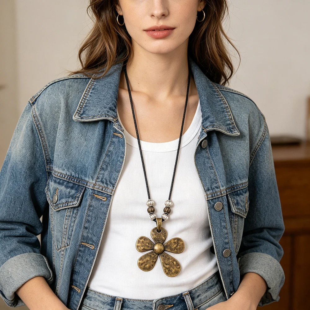 Bronze Color Big Vortex & Hammered Flower Vintage Pendant On Long Wax Rope Necklace Jewelry ,Tribal Vintage Style , 1 PC