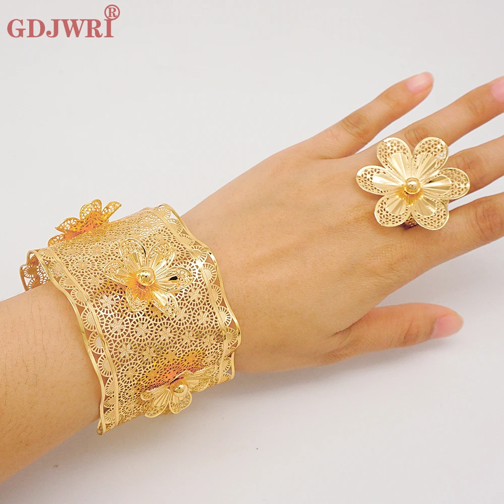 Indian African Gold Color Luxury Flower Bangles With Ring Nigerian Wedding Bracelet Jewelry Party Gift Arabic Dubai Charm Bangle