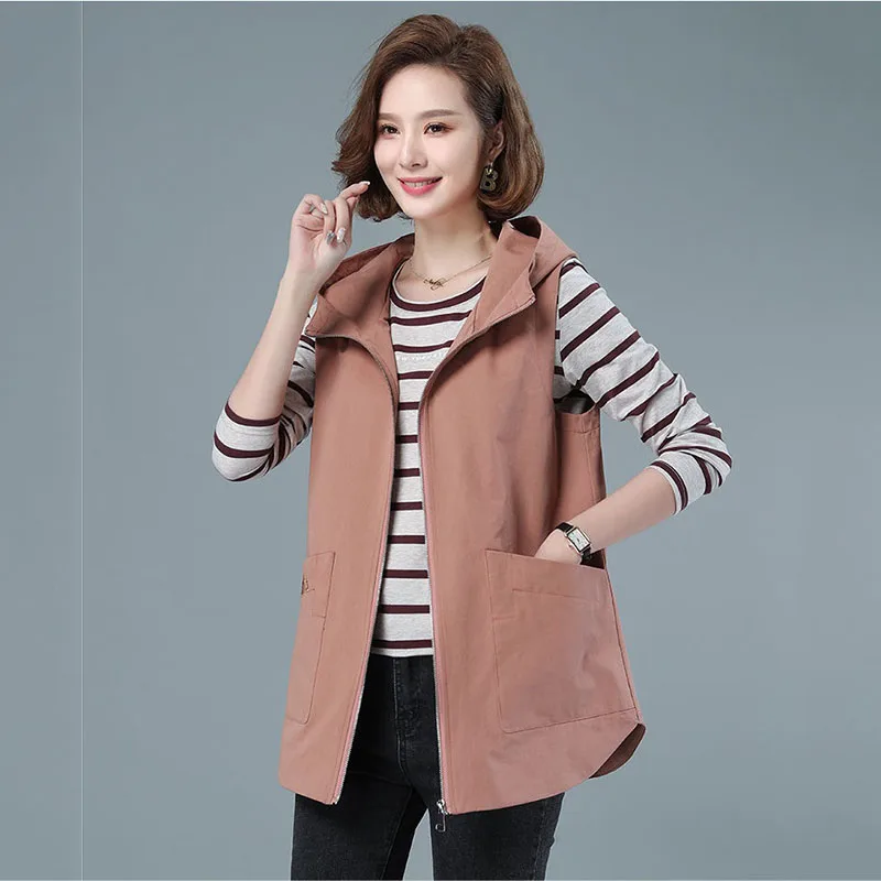 2023Women Vest Coats Spring Autumn New Hooded Fashion Vest Loose Female Mid-Length Pocket Sleeveless Waistcoat Jacket Ladies 4XL