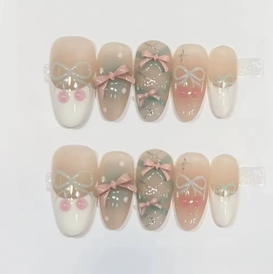 

10Pcs Handmade Wearing Fake Nails Full Cover Golden Glitter Nail Tips mid-length Oval Head 3D Bow Sweet Princess French Manicure