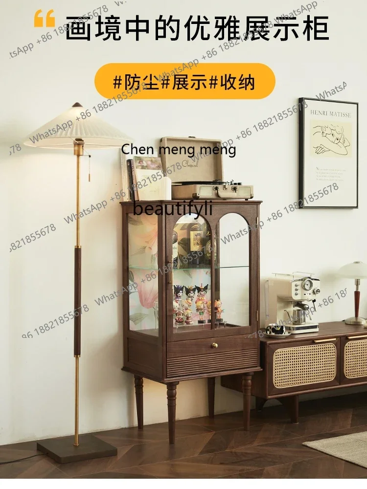 

ss7304Display Cabinet Nordic Retro Black Walnut Solid Wood Storage Cabinet Locker Glass Chest of Drawer