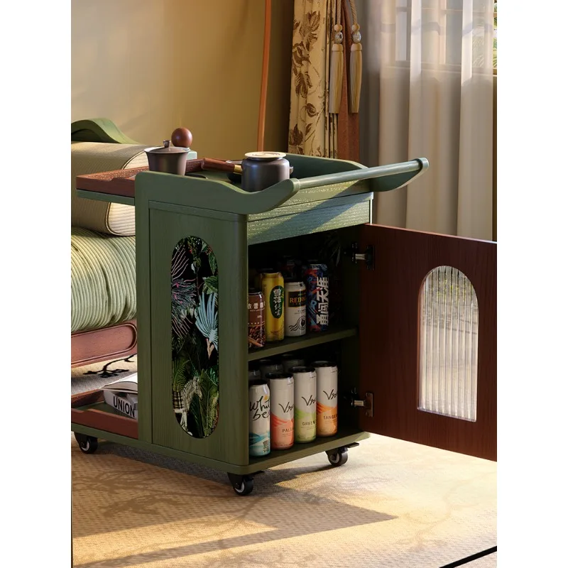 French retro movable side table, living room tea table solid wood cart