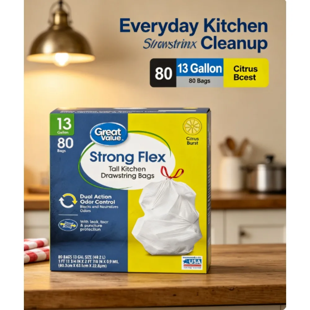 Great Value High-Stretch 13-Gallon Drawstring Tall Kitchen Trash Bags, Citrus Flavor, 80-Pack