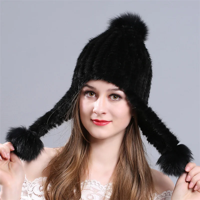 Women Ear Earflap Winter Hot Sale Real Mink Fur Hat For Women Hat Fashion Windproof Knitted Hat With Fox Pom Pom Earflap Hat Cap